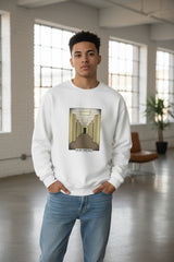 White sweatshirt with a graphic of a hallway and text on a white background