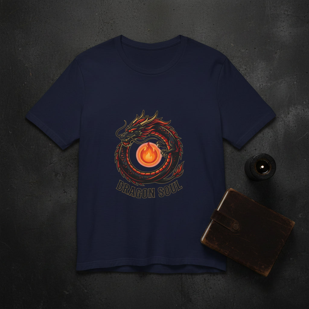 Navy blue t-shirt with dragon design and 'Dragon Soul' text on a white background