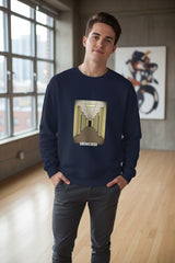Navy blue sweatshirt with a graphic design of a crow and moonlit scene, featuring text 'Once Upon a Midnight Dreary'.