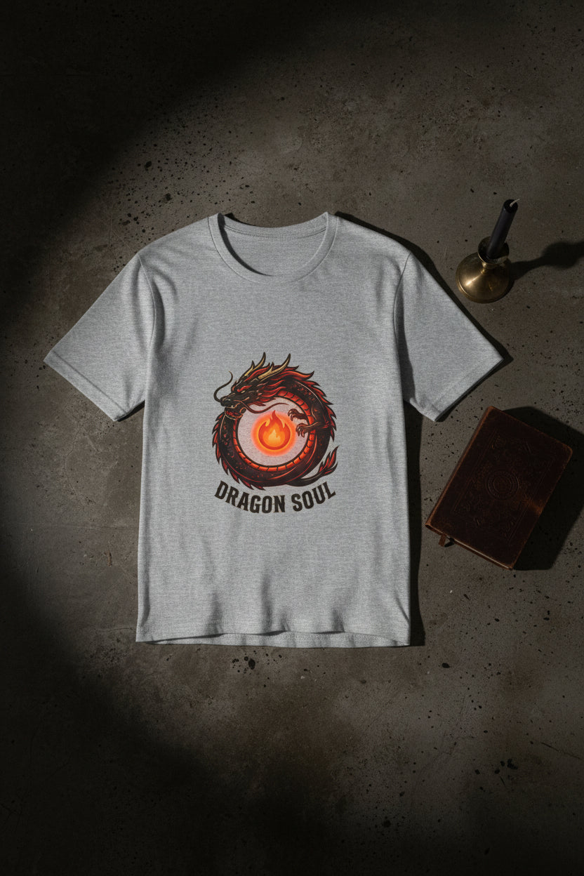 Gray t-shirt with a dragon design and 'Dragon Soul' text on a white background