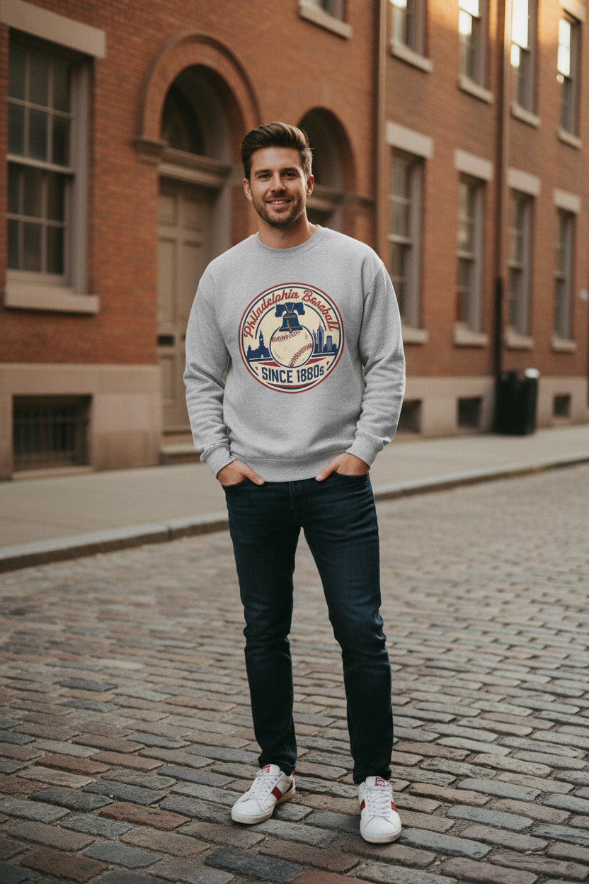 Gray sweatshirt with a baseball-themed logo on a white background