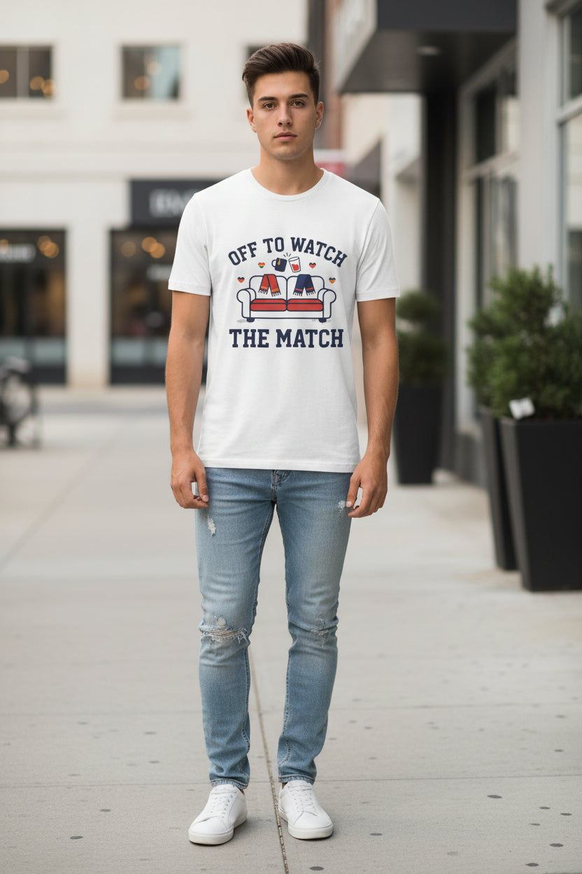 White t-shirt with 'Off to Watch The Match' graphic design on a white background
