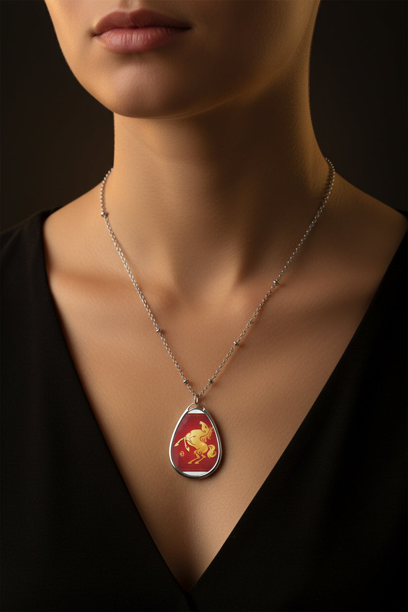 Teardrop-shaped pendant with a red background and gold horse design on a white chain.