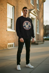 Black sweatshirt with a baseball-themed graphic on a white background