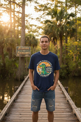 Navy blue t-shirt with a gator graphic and text on a white background