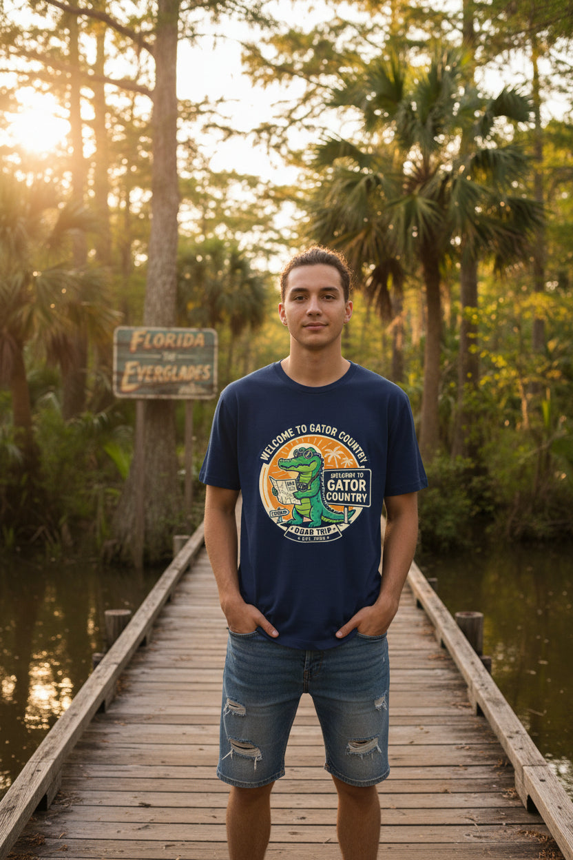 Navy blue t-shirt with a gator graphic and text on a white background