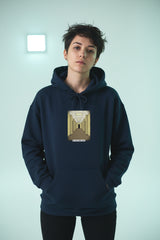 Navy blue hoodie with 'Appalachian Raised' text on a white background
