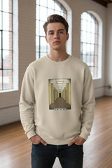 Beige sweatshirt with a graphic of a hallway and text on a white background