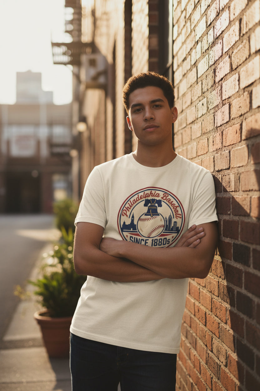 White t-shirt with a baseball-themed graphic and text on a white background
