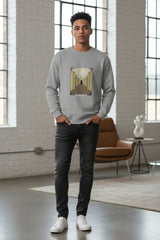 Gray sweatshirt with a graphic design on a white background