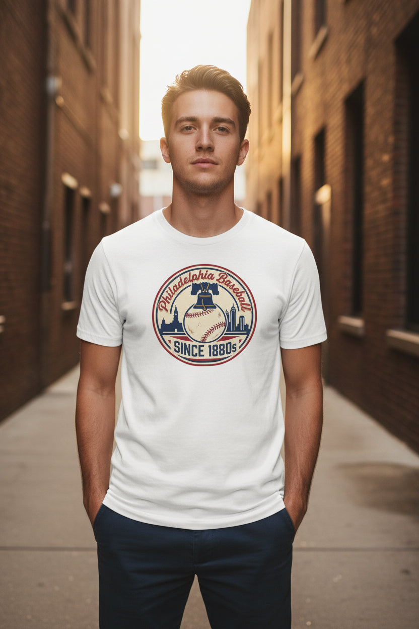 White t-shirt with a baseball-themed graphic design on a white background