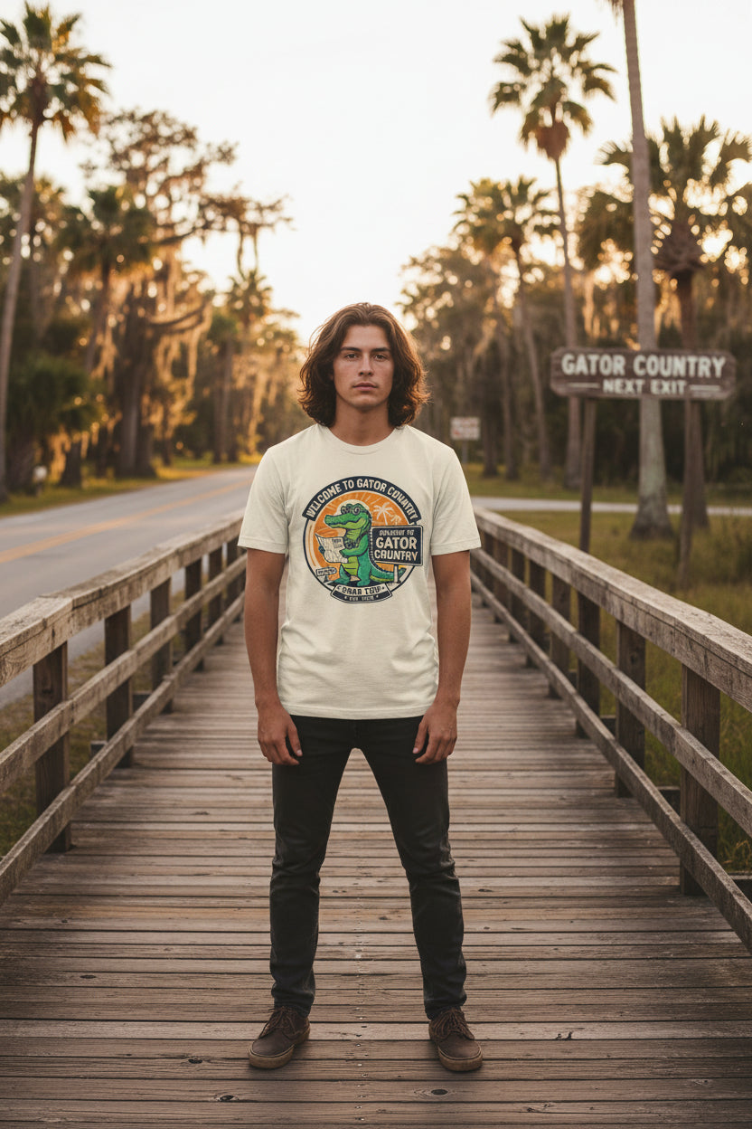 Beige t-shirt with a graphic of a gator and text 'Welcome to Gator Country' on a white background