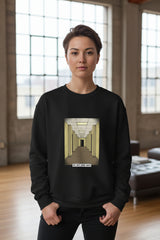 Black sweatshirt with a graphic design of a raven and moonlit scene, featuring text 'Once Upon a Midnight Dreary'.