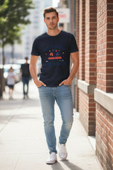 Navy blue t-shirt with humorous graphic and text on a white background