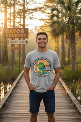 Gray t-shirt with a graphic of a gator and 'Welcome to Gator Country' text on a white background