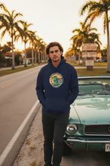 Navy blue hoodie with 'Dog Mama' text and dog graphic on a pink background