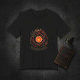Black t-shirt with a dragon and flame design on a white background