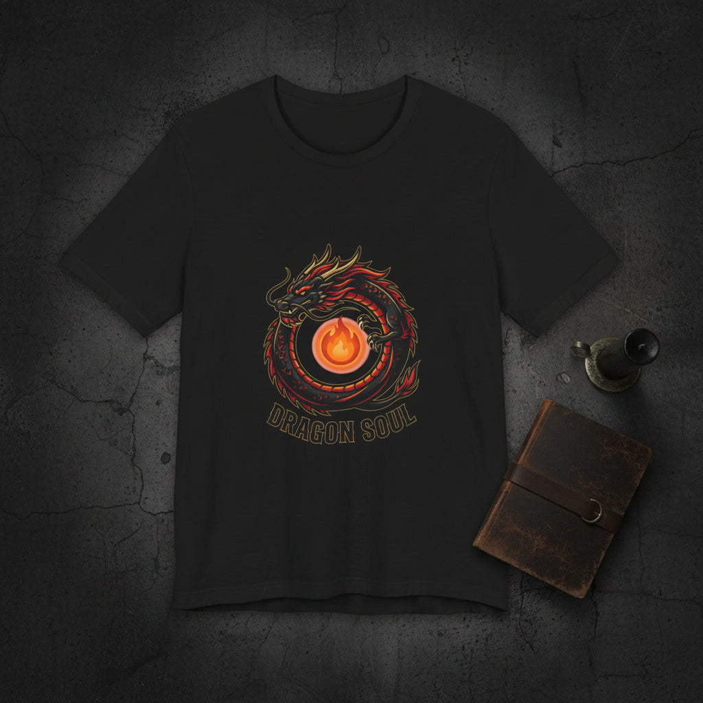 Black t-shirt with a dragon and flame design on a white background