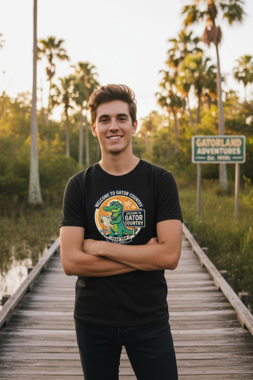 Black t-shirt with a gator graphic and text on a white background