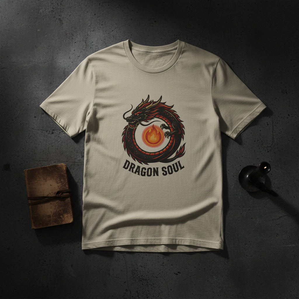 Beige t-shirt with a dragon graphic and 'Dragon Soul' text on a white background