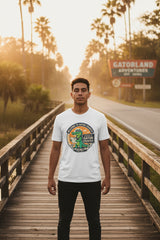 White t-shirt with a graphic of a gator and text 'Welcome to Gator Country' on a white background