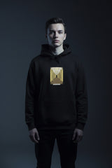 Black hoodie with white text and design on a white background