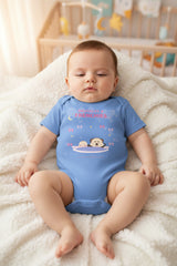 Blue baby onesie with cartoon design and text on a white background