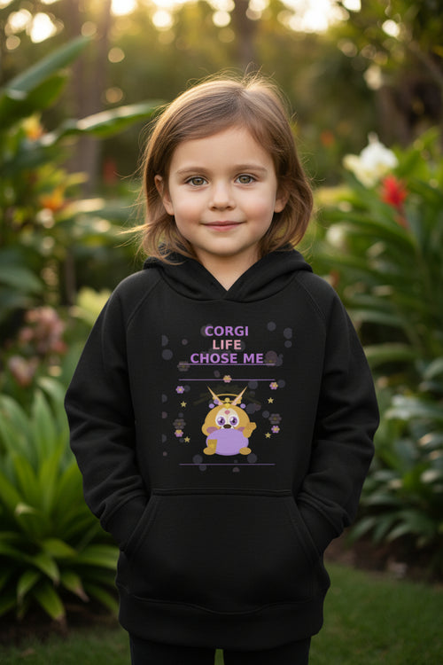 Black hoodie with a graphic of a dog and text 'Corgi Life Chose Me' on a white background