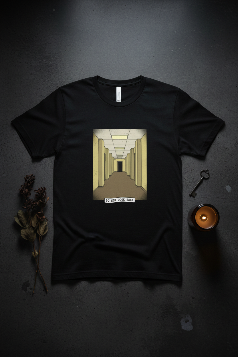 Liminal Space Hallway Tee - Black Flat Lay