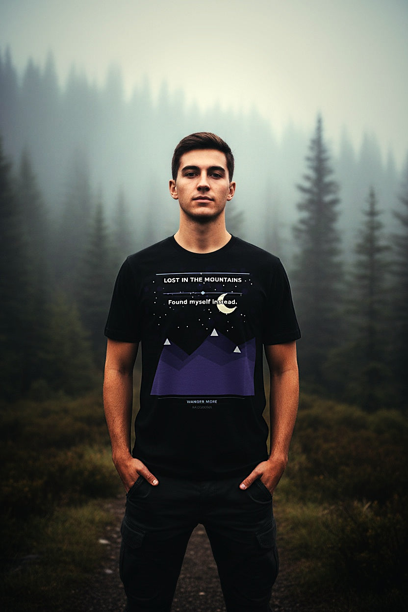 Person wearing a black t-shirt with a design in a forest setting