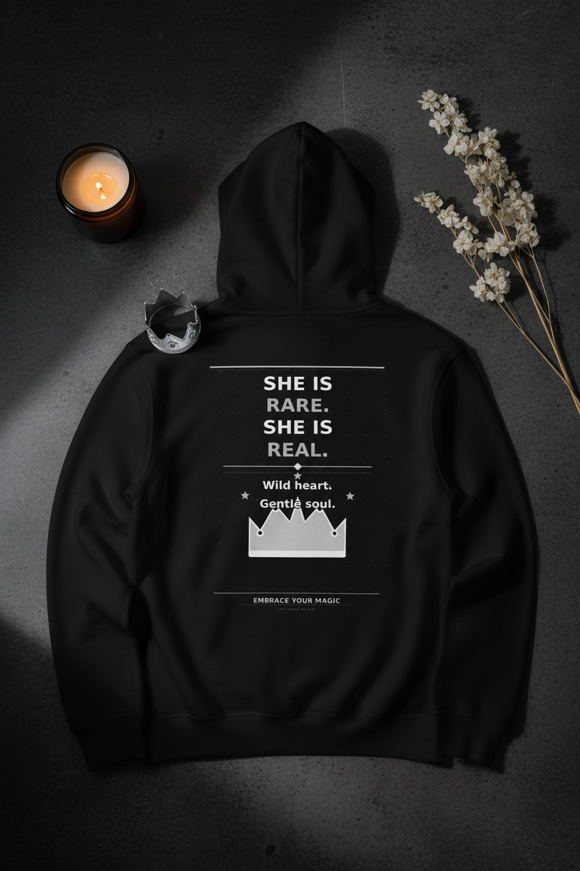 She Is Rare - Black Hoodie Flat Lay