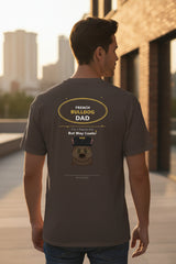 brown t-shirt with a graphic design of a character in a hood on the front, shown from both front and back views.