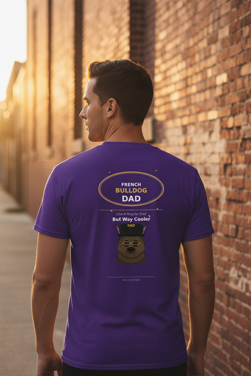 Purple t-shirt with French Bulldog Dad graphic on a white background