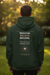 Dark green hoodie with motivational text on the back against a white background