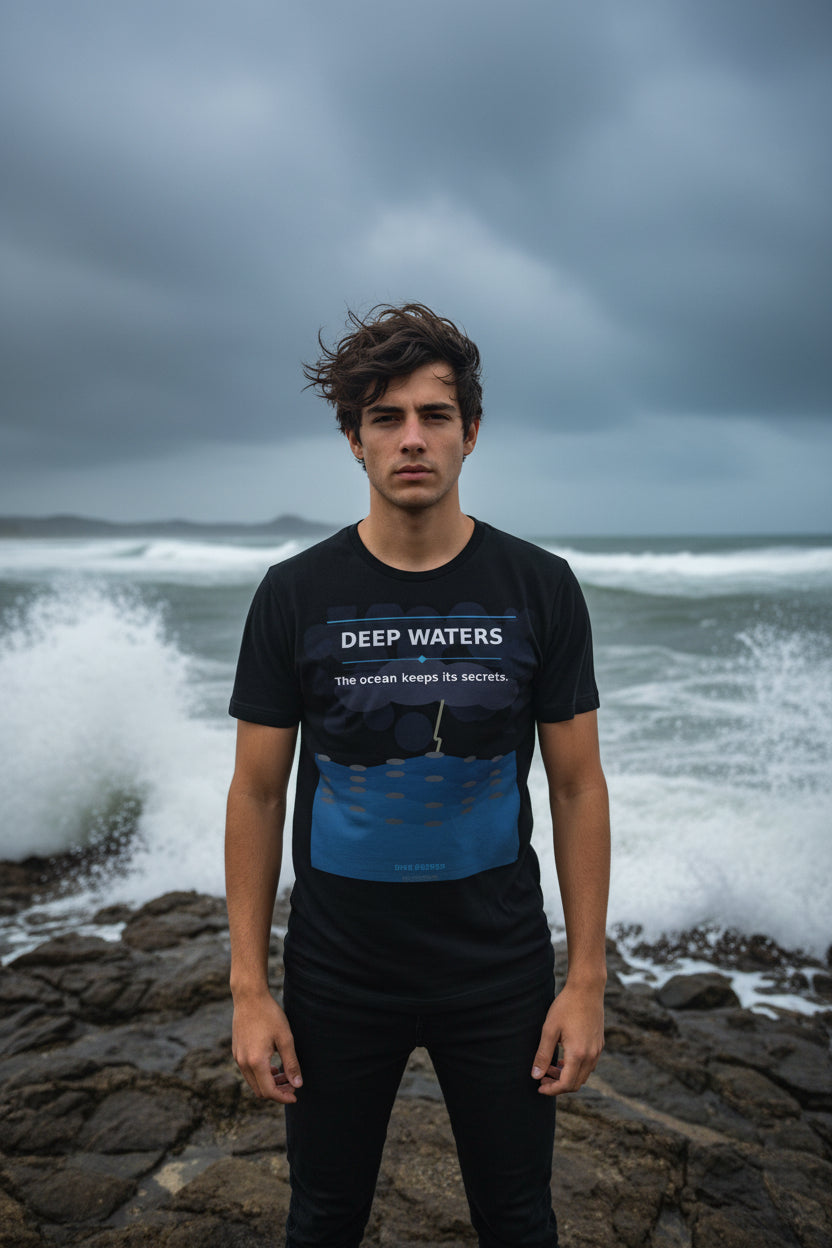 Black t-shirt with 'Deep Waters' graphic and text on a white background