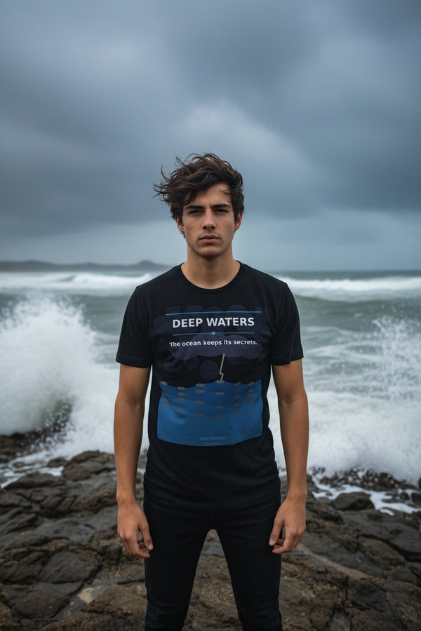 Black t-shirt with 'Deep Waters' graphic and text on a white background