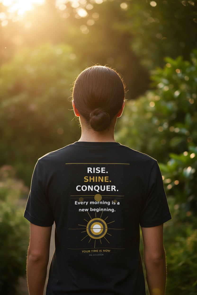 Black t-shirt with a palm tree and sunset design on the front and a logo on the back.