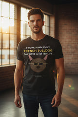 Black t-shirt with gold graphic and text on a white background