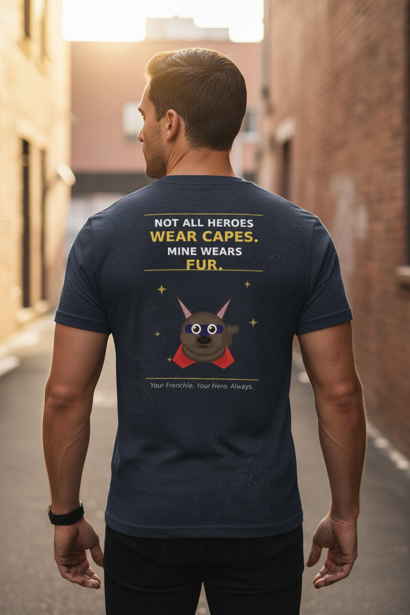 Navy blue t-shirt with a graphic design on the back and brand name on the front, displayed on a white background.