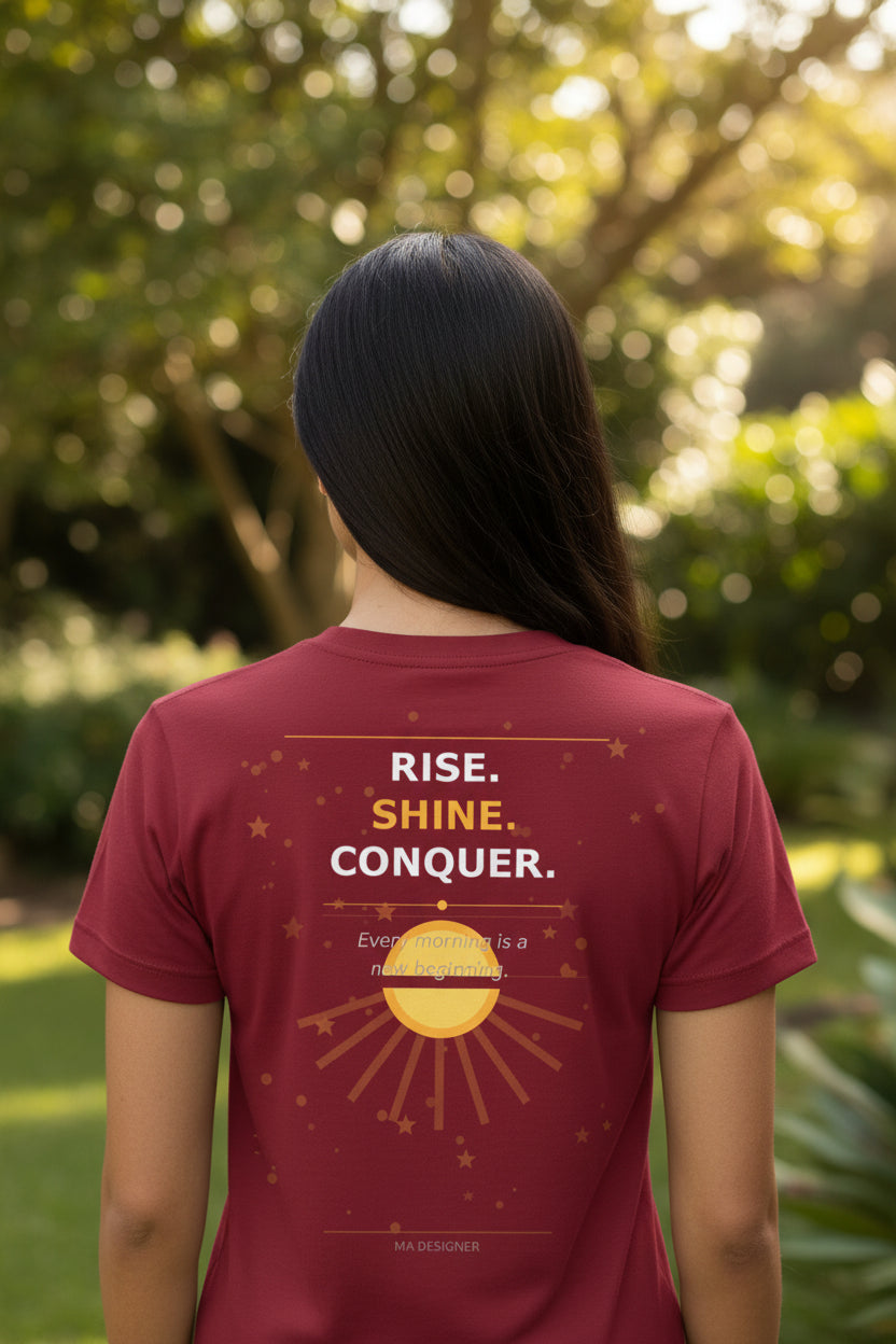 mahroon t-shirt with a sunset and palm tree design on the front, displayed on a white background.