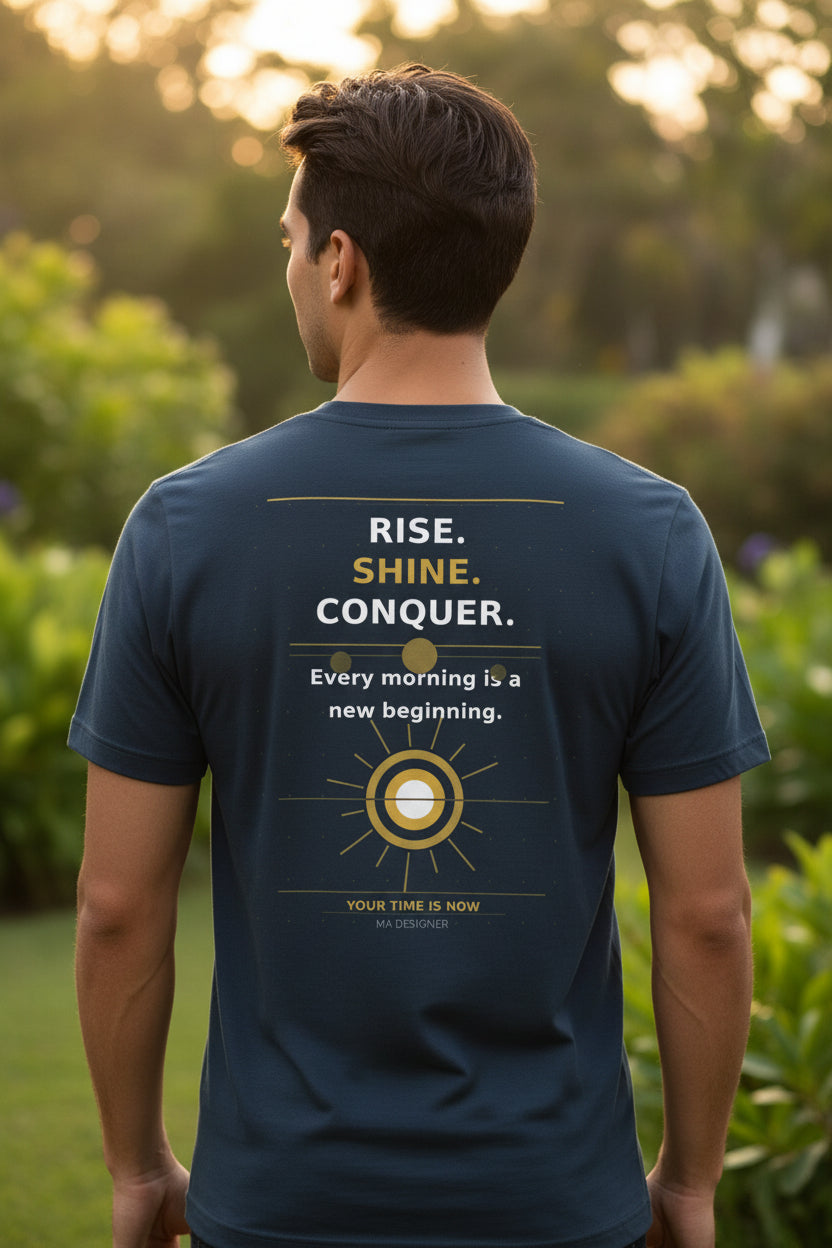 Navy blue t-shirt with a graphic design on the back and brand name on the front, displayed on a white background.