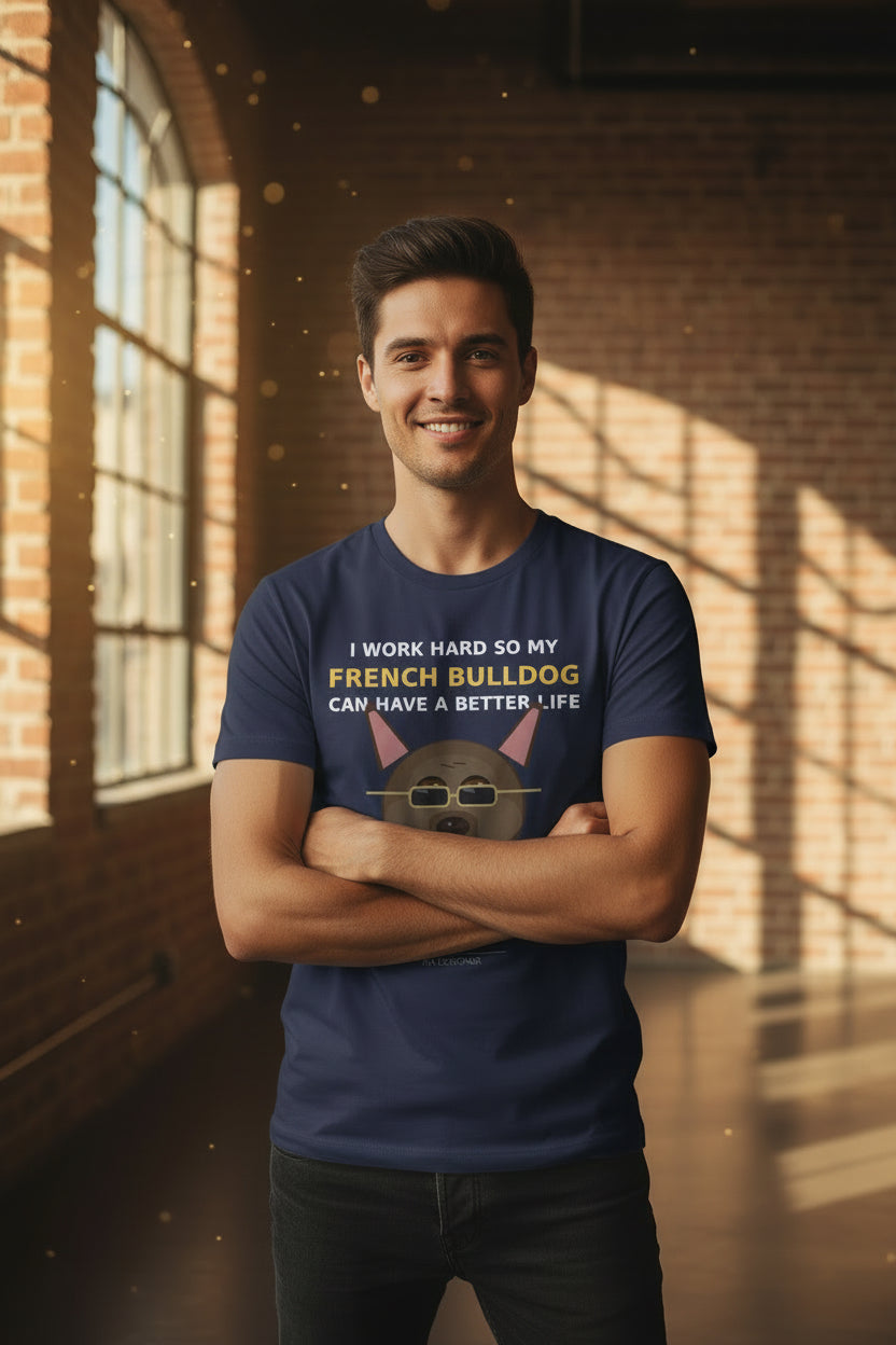 Navy blue t-shirt with a graphic of a French Bulldog and text on a white background