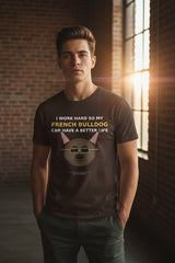 Brown t-shirt with a graphic of a French Bulldog and text on a white background