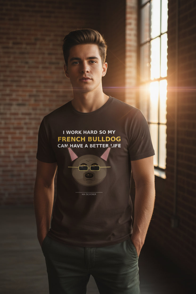 Brown t-shirt with a graphic of a French Bulldog and text on a white background
