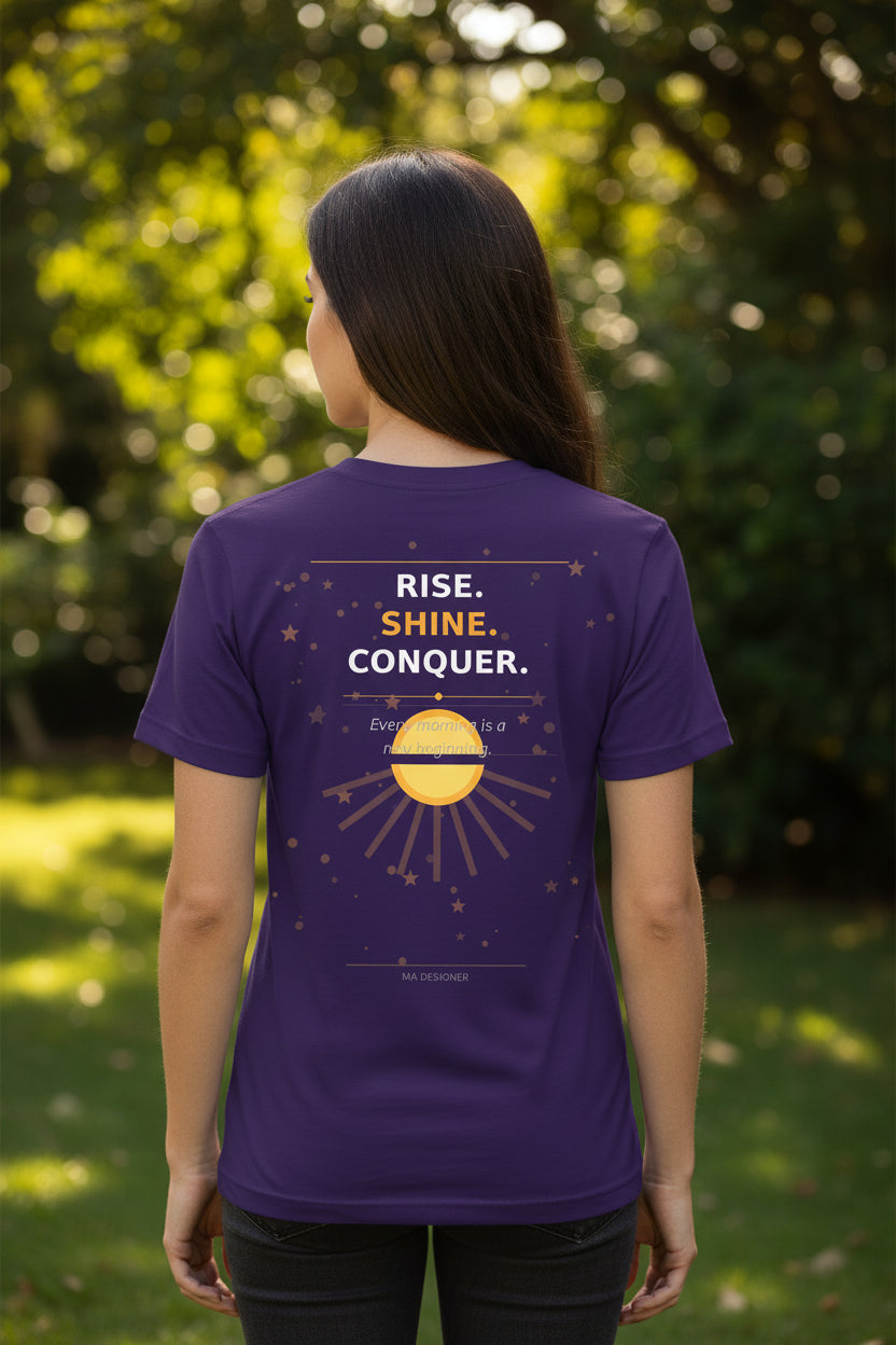 Purple t-shirt with a sunset and palm tree design on the front, displayed on a white background.