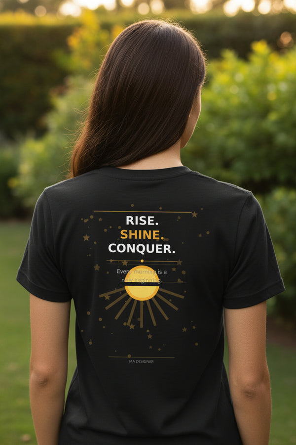 Black t-shirt with a sunset and palm tree design on the front, displayed on a white background.