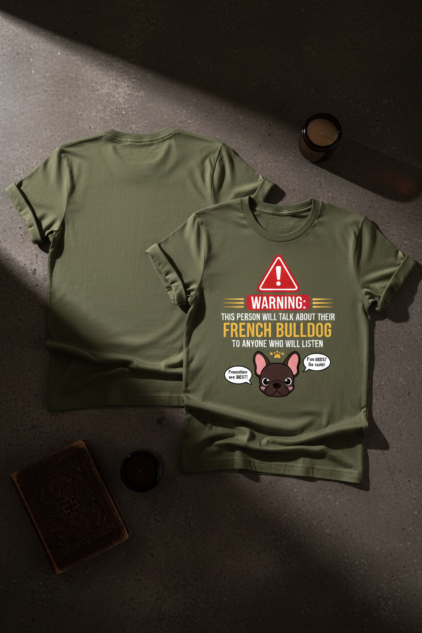Warning Frenchie Tee - Khaki Olive Front & Back
