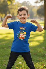 Blue t-shirt with a cartoon character and 'FRENCHIE POWER!' text on a white background